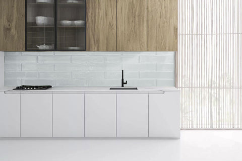 Subway tile glass splashback in white