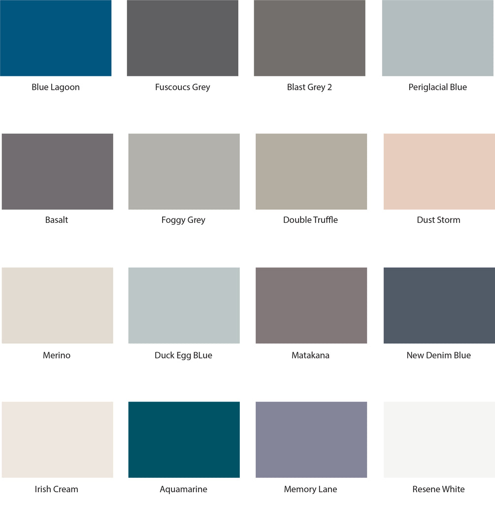 Popular resene colours such as new denim blue, foggy grey, fuscous grey, periglacial blue and more