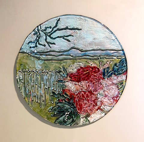 floral wall art - glass disc art - handmade in new zealand - slumped glass 