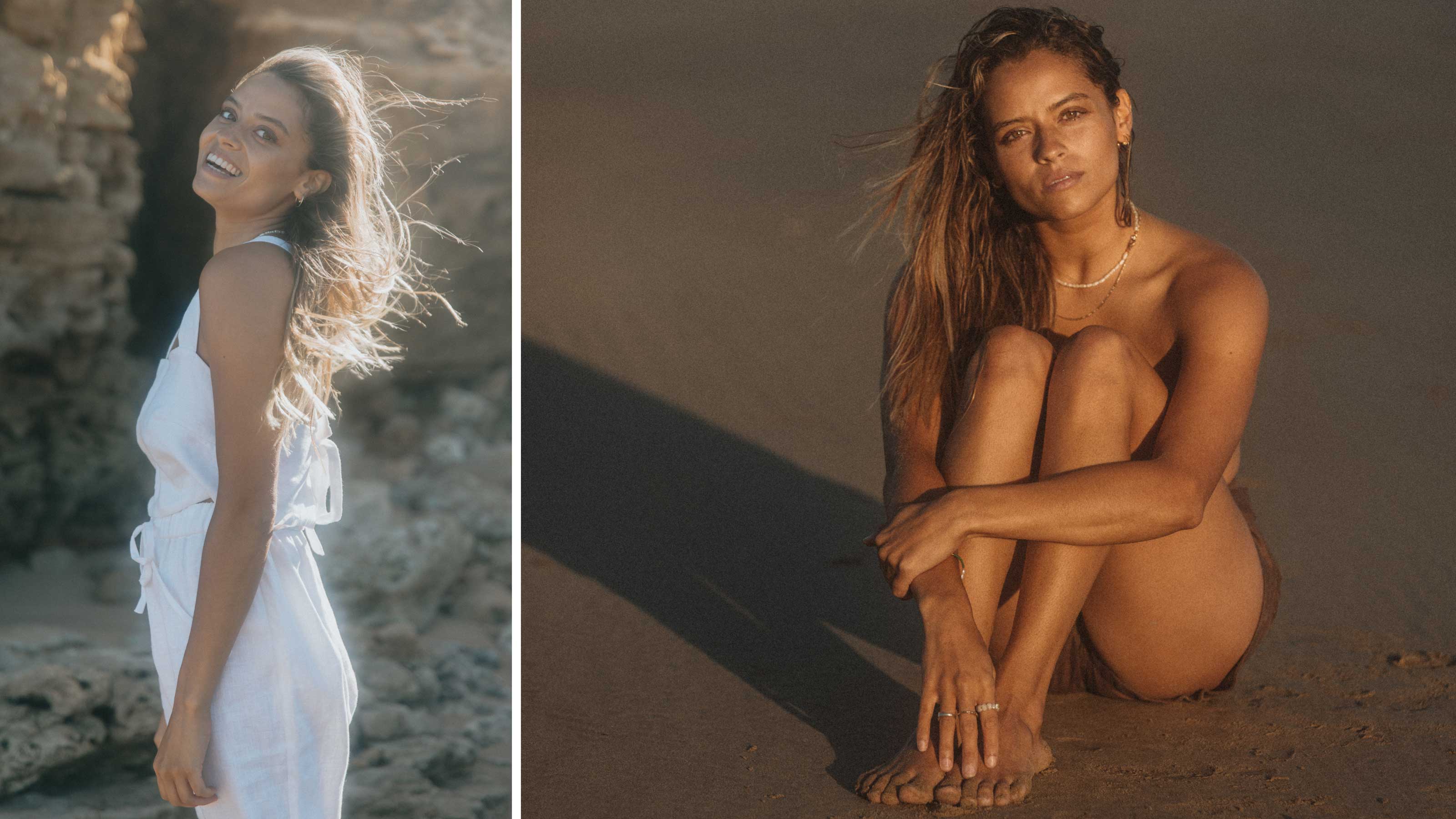 Wearing our Talia Set which is a white tie-up top and drawstring pant on the beach in Australia. Shot by our photographer at golden hour for our 100% linen sets and separates small brand that is made in Vancouver, BC.