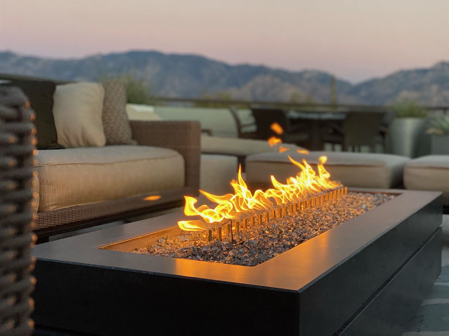 Rectangle Fire Pit Table and Woven Tropez Outdoor Modular Right Facing Sofa
