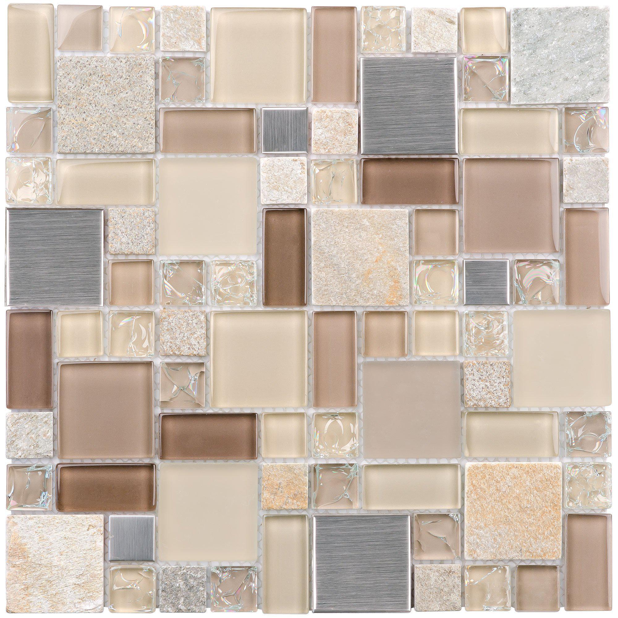 Modular Beige Brown Gray Stone and Glass Mosaic Tile