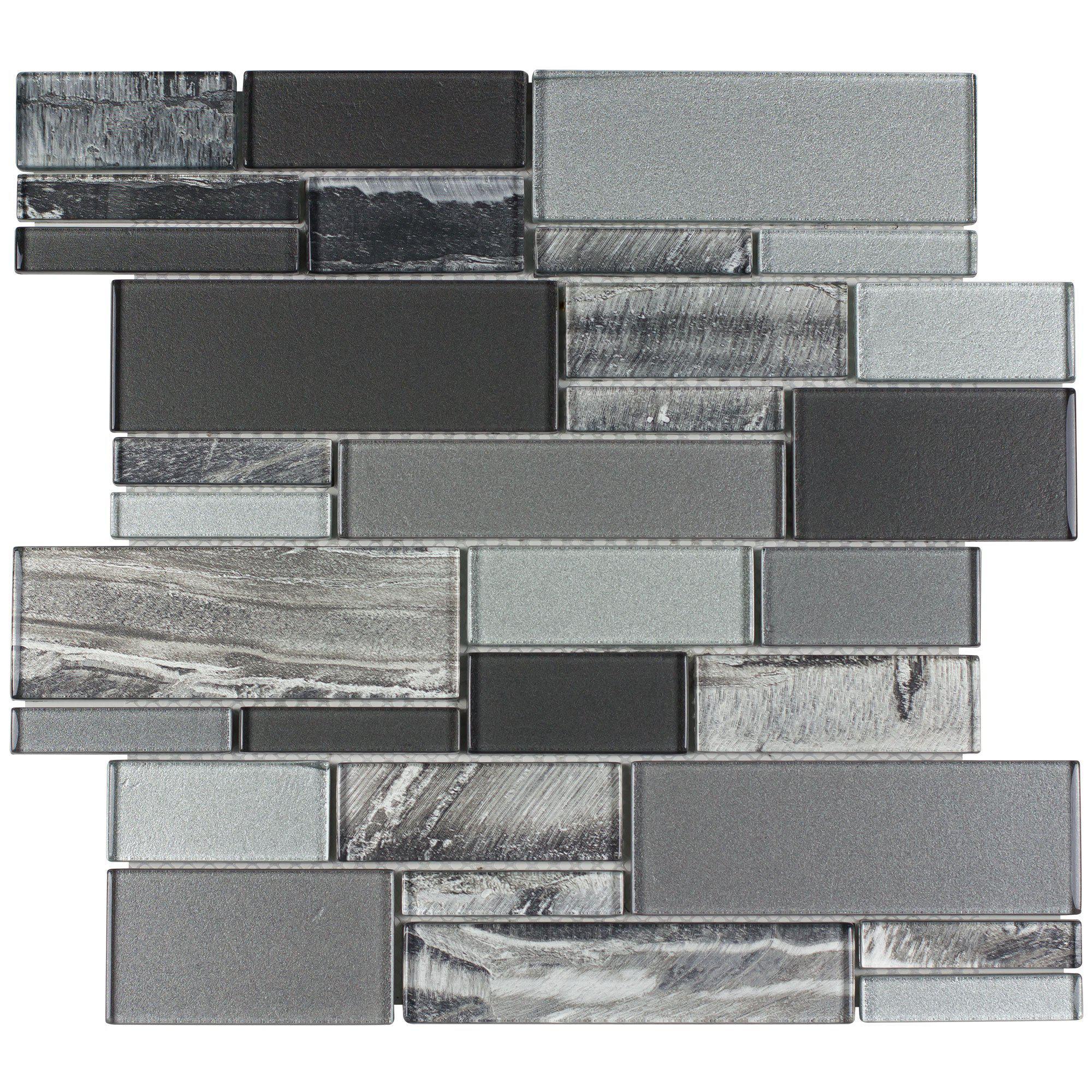 Image of MTO0238 Modern Linear Gray Glossy Foil Glass Mosaic Tile