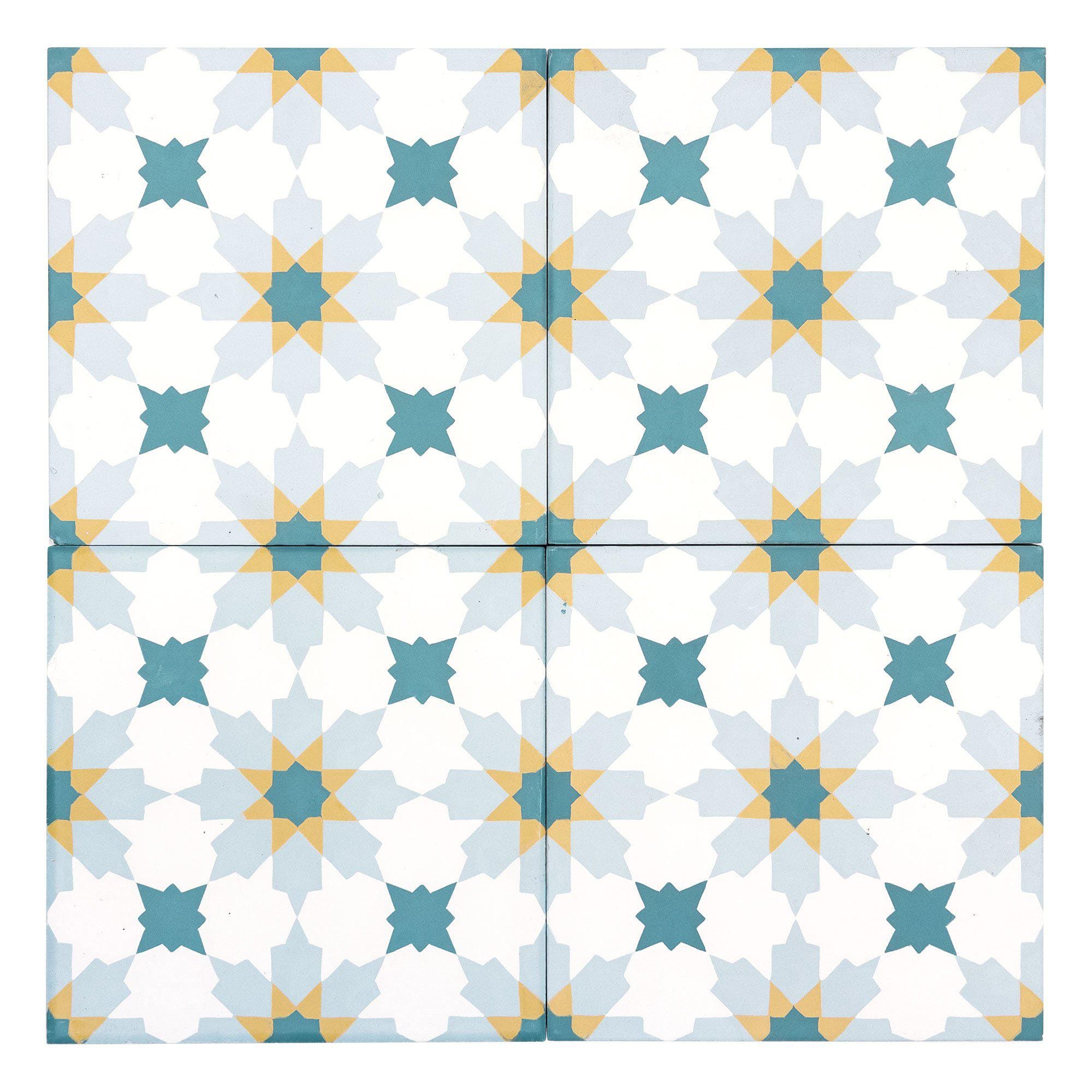 Image of MTO0555 Modern 8X8 Diamond Floral White Teal Sky Blue Yellow Matte Cement Tile