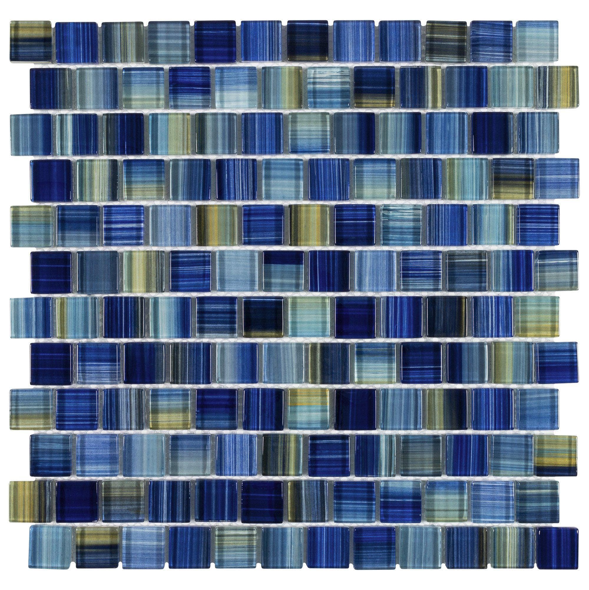 Image of MTO0615 Modern 1X1 Staggered Squares Blue Yellow Glossy Glass Mosaic Tile