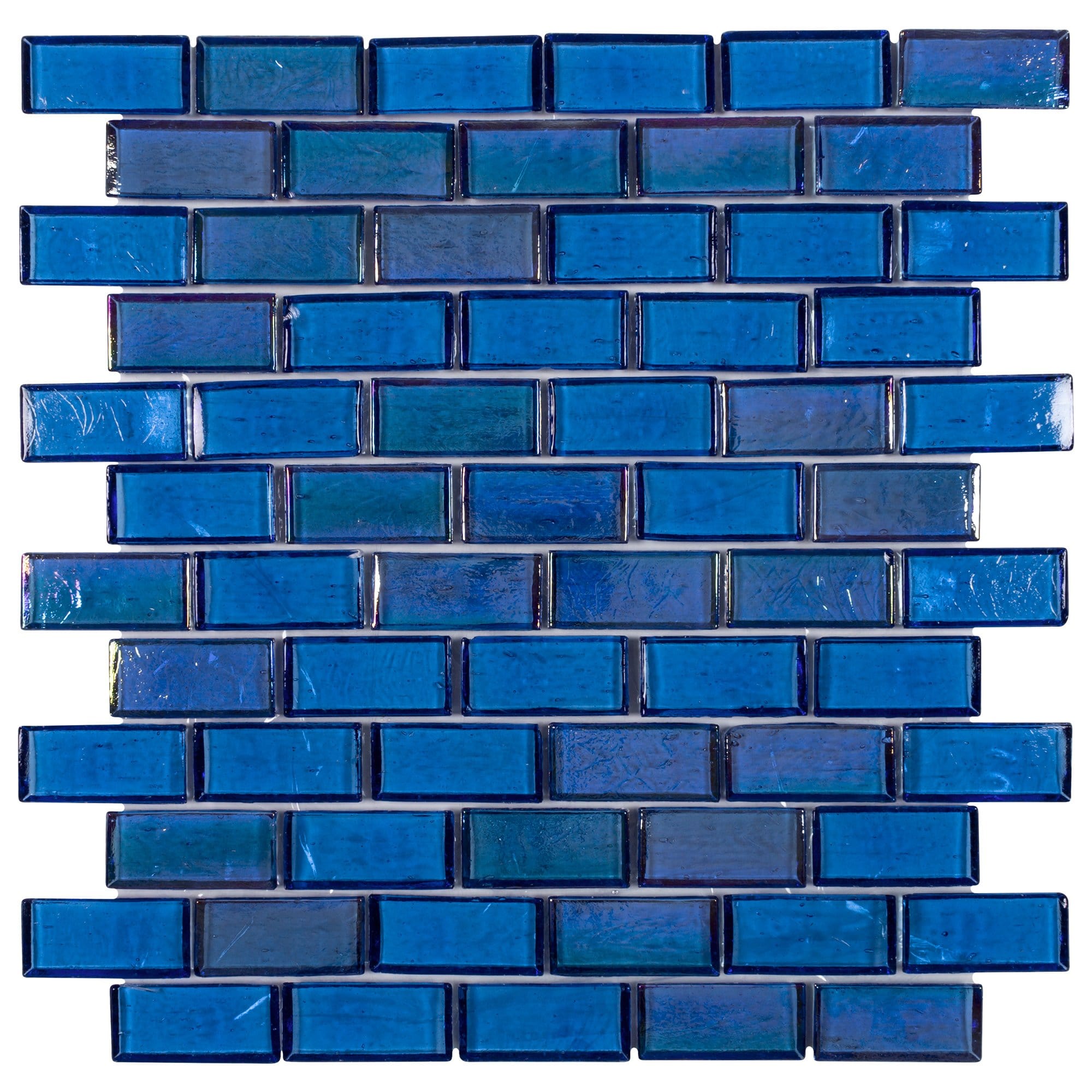 Image of MTO0679 Classic 1X2 Blue Recycled Glass Iridescent Glossy Staggered Brick Mosaic Tile