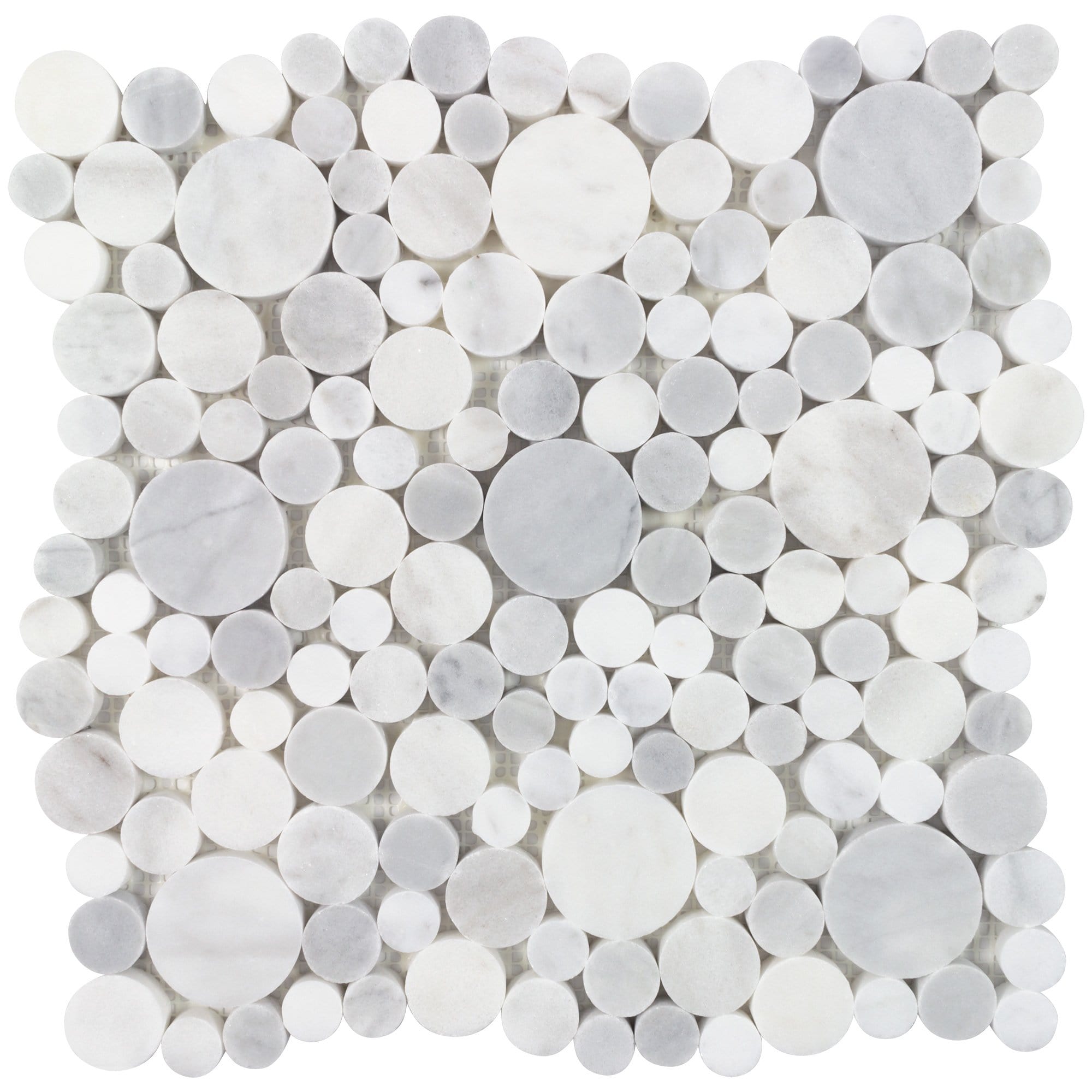 Image of MTO0689 Classic Multi-Sized Circles White Gray Imperial Honed Stone Mosaic Tile