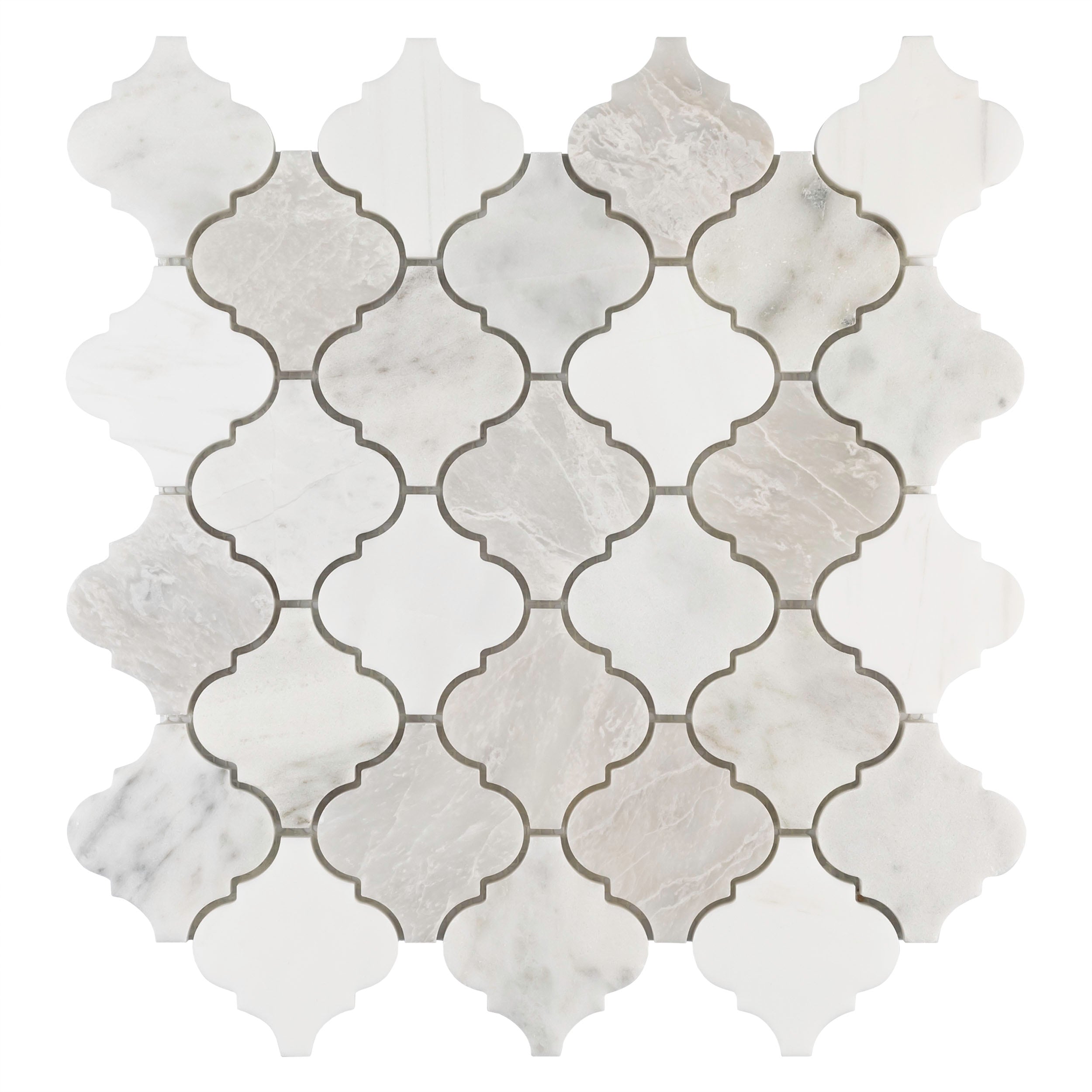 Image of MTO0771 Classic 2.75x3 White Gray Beige Arabesque Polished Stone Mosaic Tile
