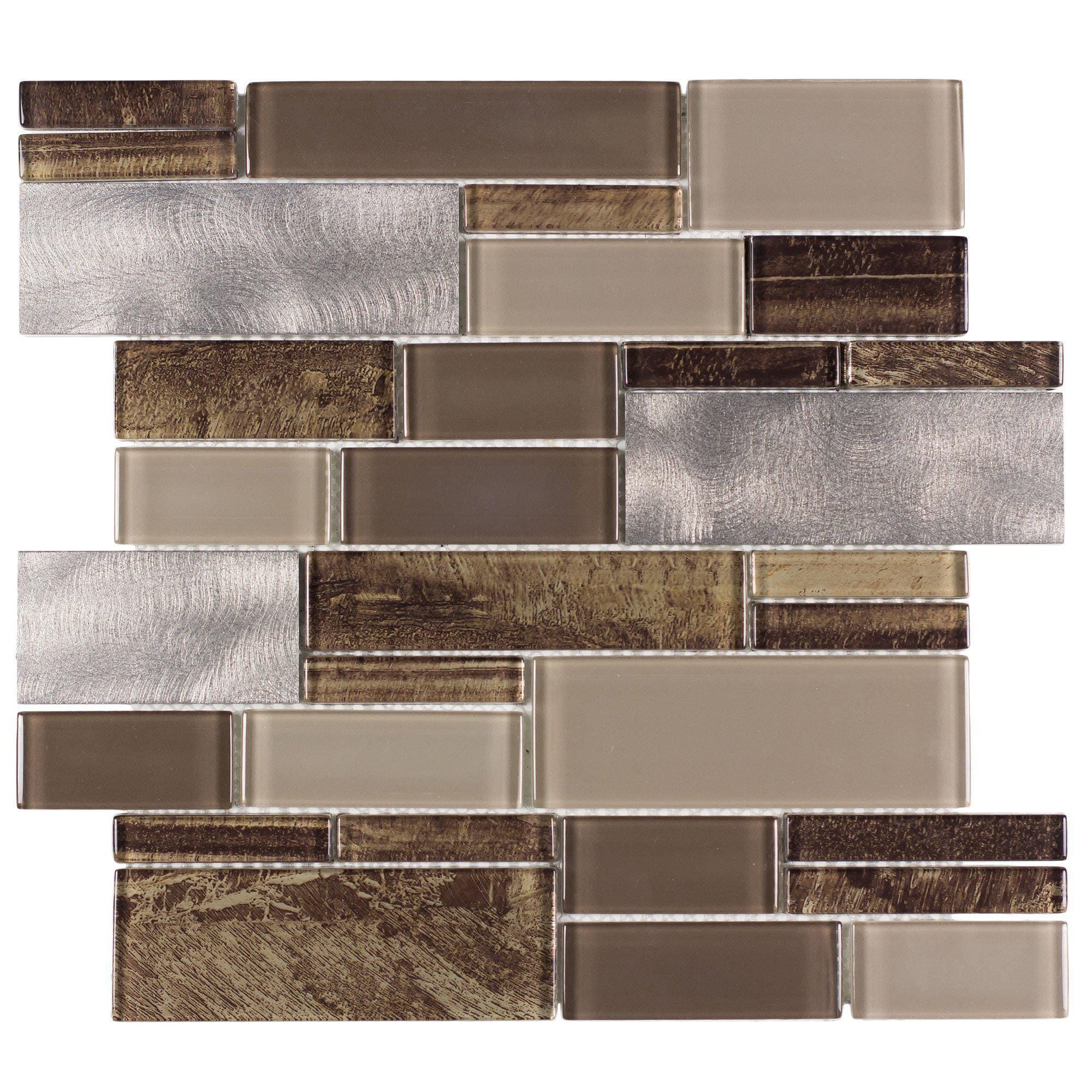 Linear Brown Gray Glossy Glass and Metal Mosaic Tile