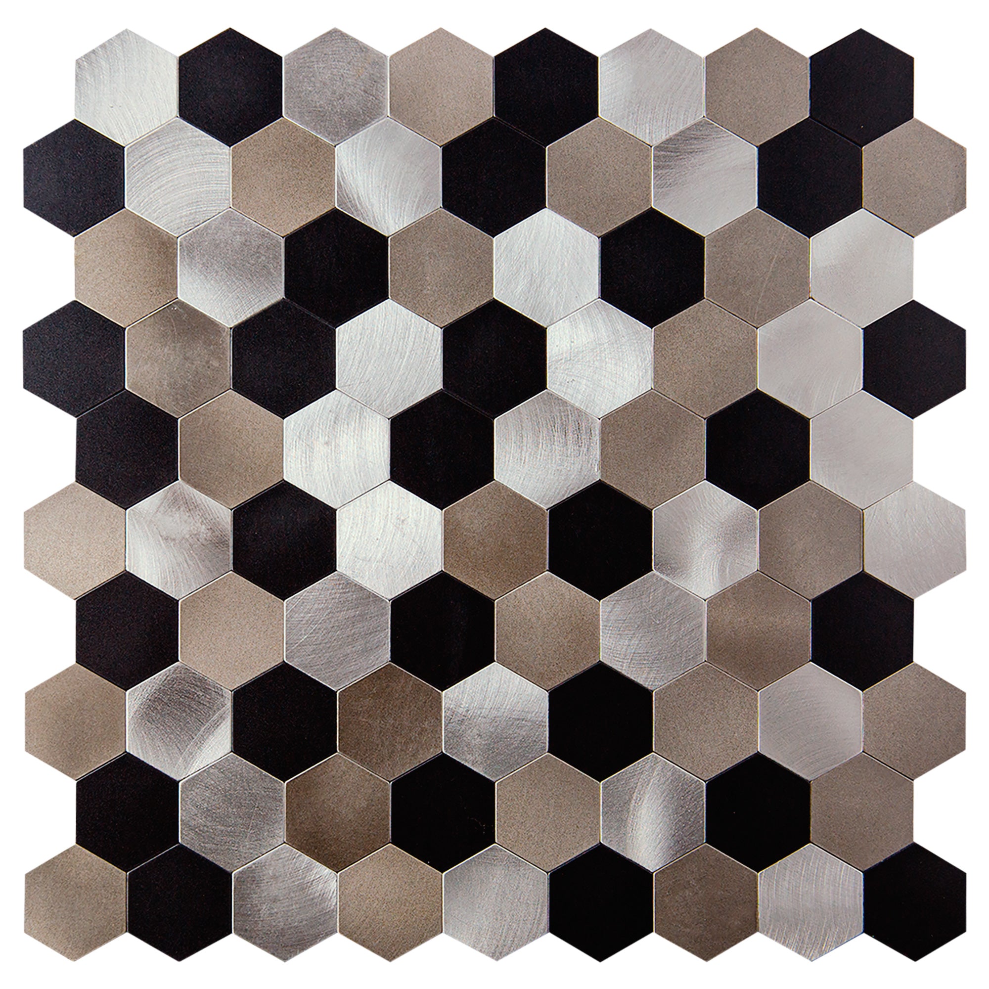 Image of MTO0755 Modern Peel and Stick 1x1 Black Silver Hexagon Matte Metal Mosaic Tile