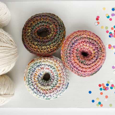crochet catnip donuts in rainbow vanilla varieties