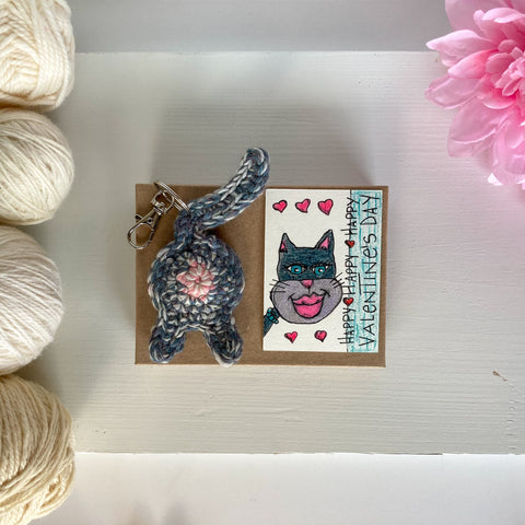 gray purple cat butt keychain with Valentine's day aceo collectible art card