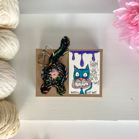 rainbow black cat butt keychain with collectible hand drawn aceo Valentine's Day card