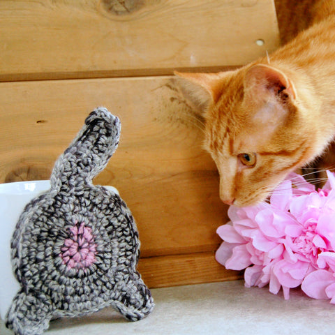 gray cat butt coaster leaning up against a white mug. An orange cat is looking at it next to a pink fake flower.