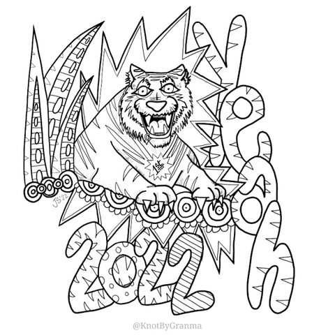 coloring page of a happy tiger with a bottom lip ring. He is surrounded by floral and geometric designs. The year 2022 is below him in bubble letters and the word YEAH! is beside him.
