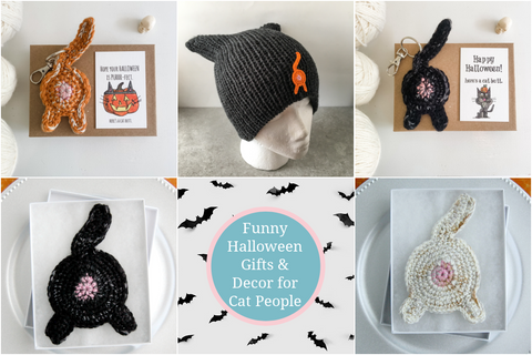 funny halloween gifts and decor for cat people collage cat butt keychains, cat butt coasters, and cat ear hat
