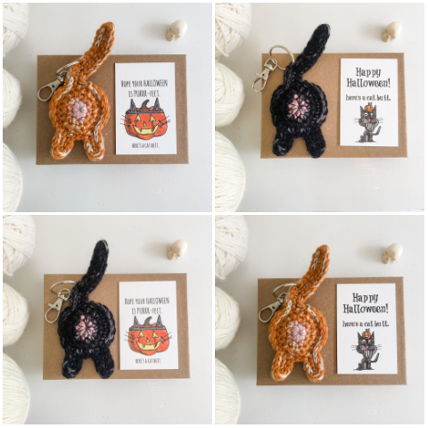 collage of black and orange cat butt keychain Halloween gifts with illustrated cards