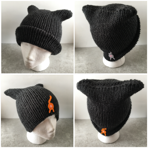 collage of black double knit cat ear hats with black and orange cat butt appliques