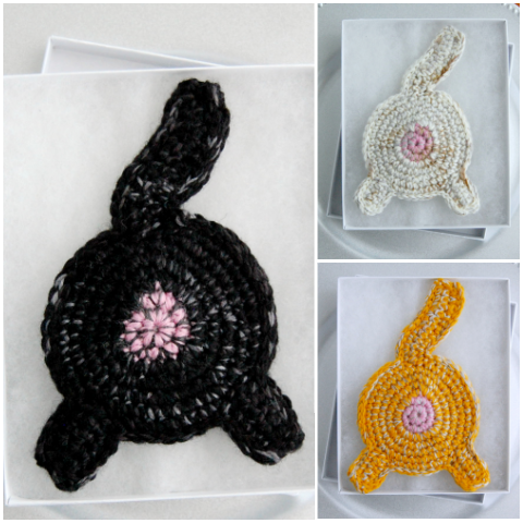 collage of crocheted black, white, and orange cat butt coasters