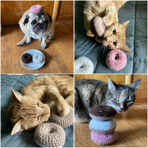 photo collage of cats and a pug playing with crocheted catnip donuts