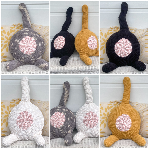 cat butt crocheted pillow collage of 6 different photos of the pillows