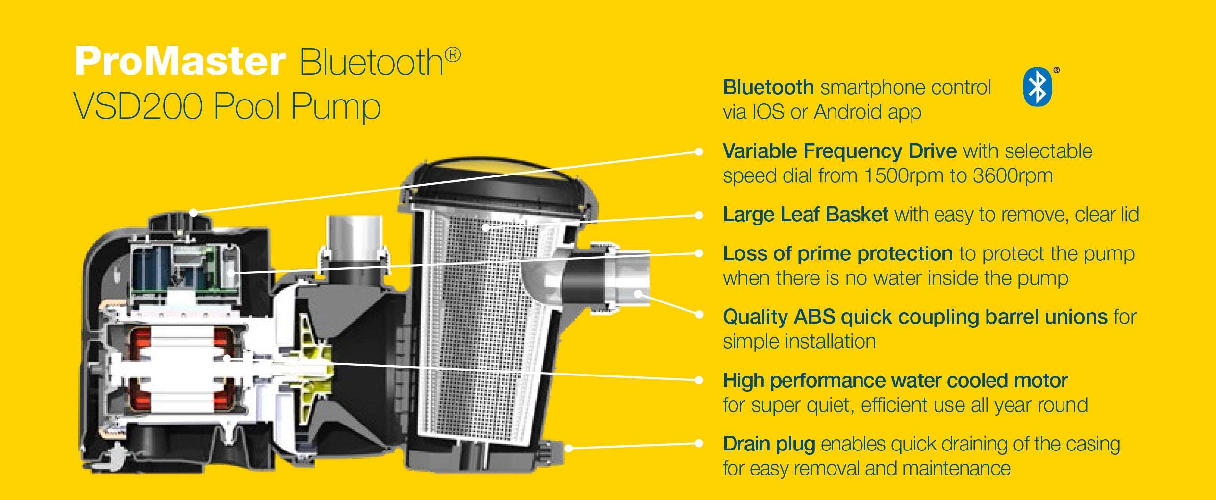 ProMaster Premium PM200BT Variable Speed Pool Pump | Features | Platinum Pool Centre - Gold Coast