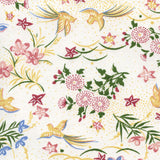 papier japonais aux motifs d'oiseaux, de fleurs et de papillons dans les tons jaunes, bleus, verts et roses sur fond beige