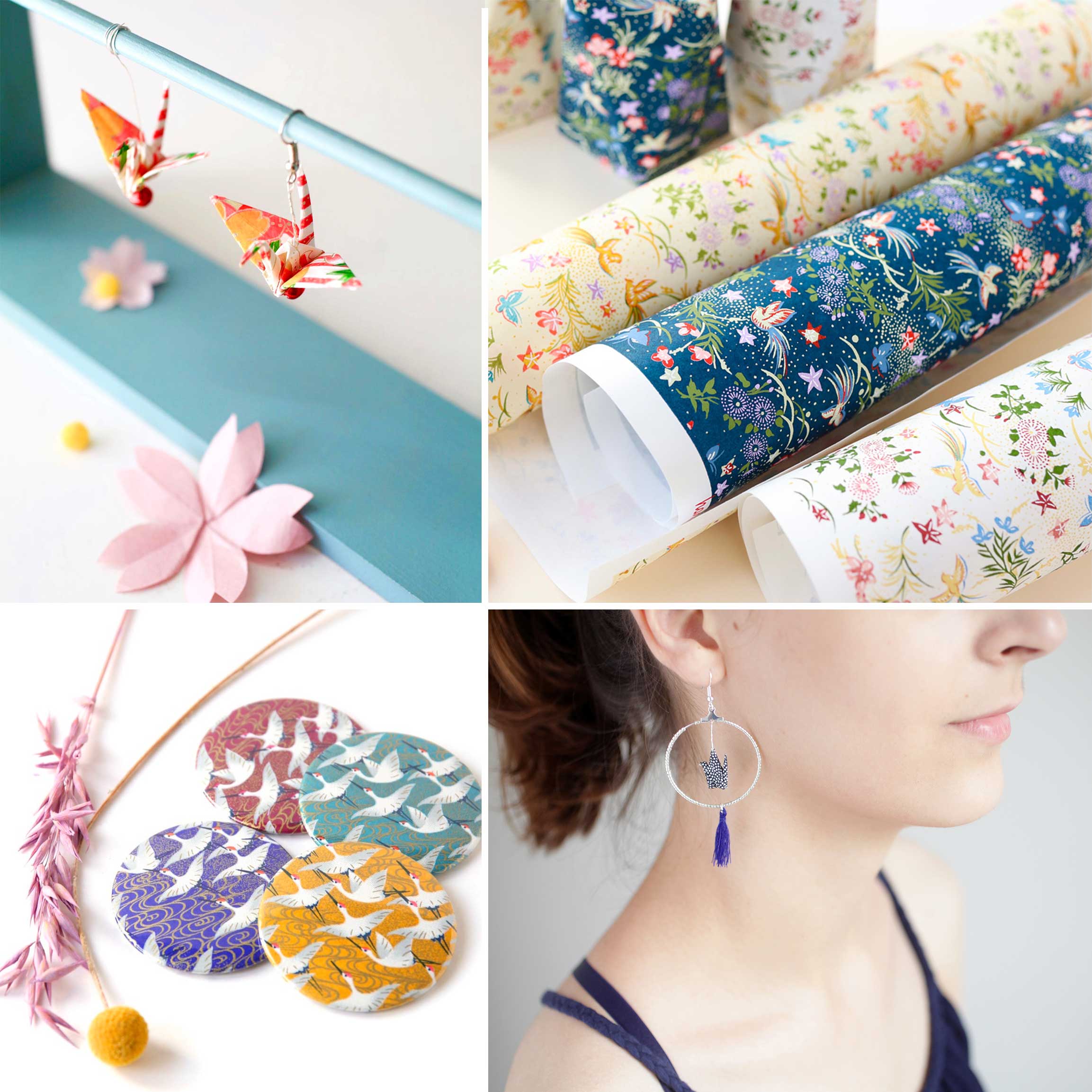 rolls of Japanese paper, jewelry and pocket mirrors covered with Japanese paper in multicolored tones