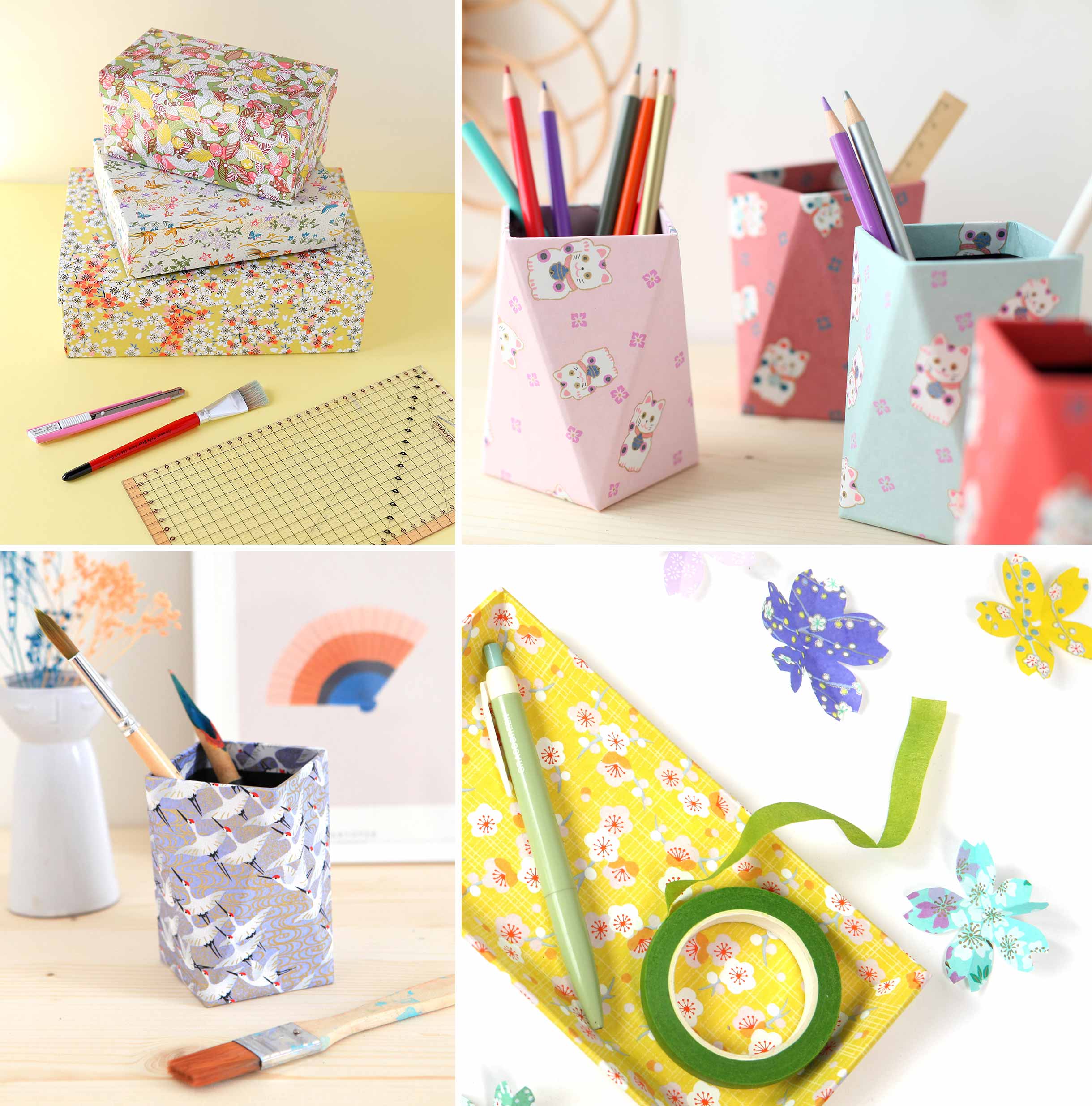 boîtes de rangement, pots à crayons et vides-poches recouverts de papiers japonais multicolores