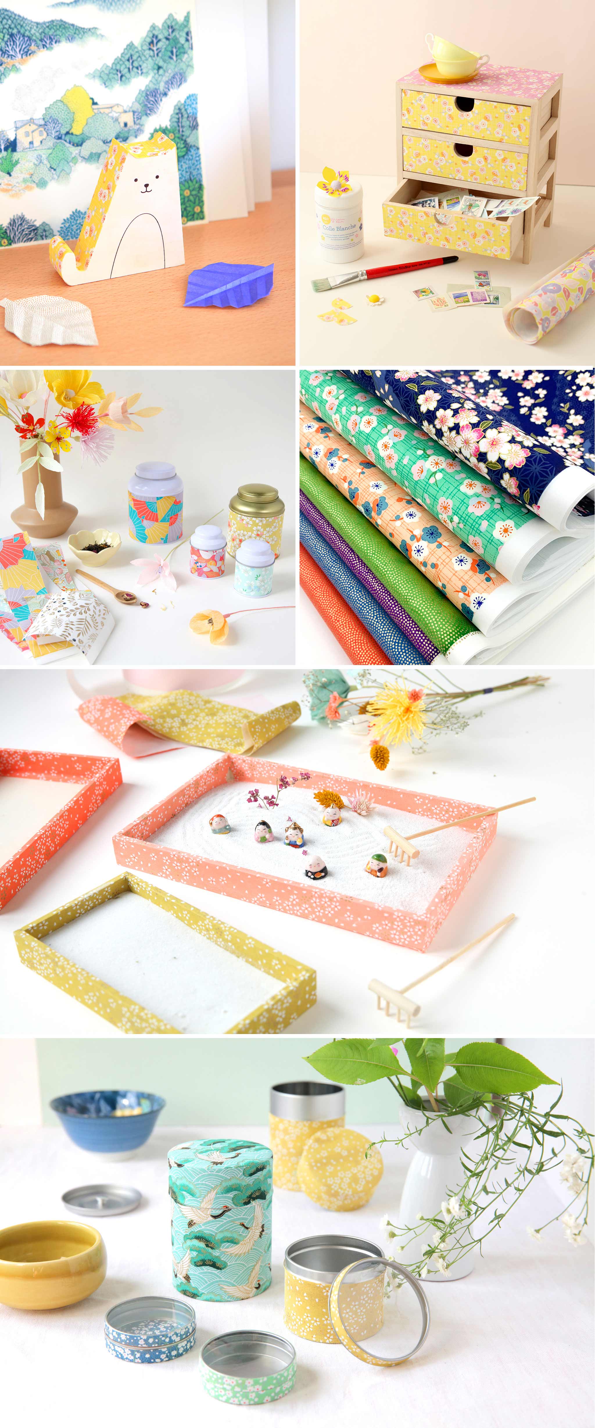 objets de décoration et boîtes de rangement en bois et en métal recouvert de papiers japonais dans des tons multicolores