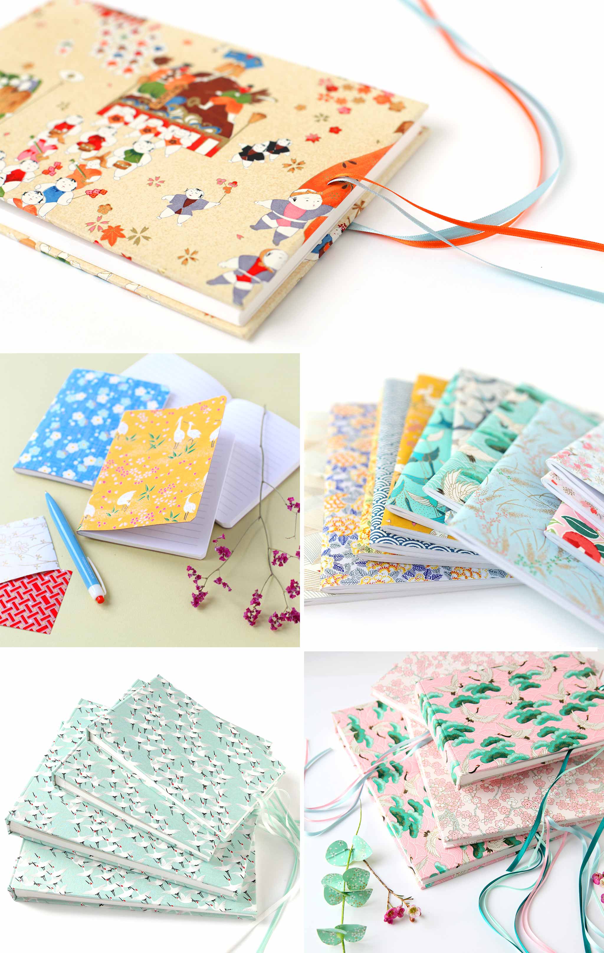 albums photos et carnets recouverts de papiers japonais dans des tons multicolores