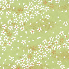 papier japonais yuzen chiyogami aux motifs de fleurs au vent sur fond vert amande adeline klam (M984) de 10cm par 10cm