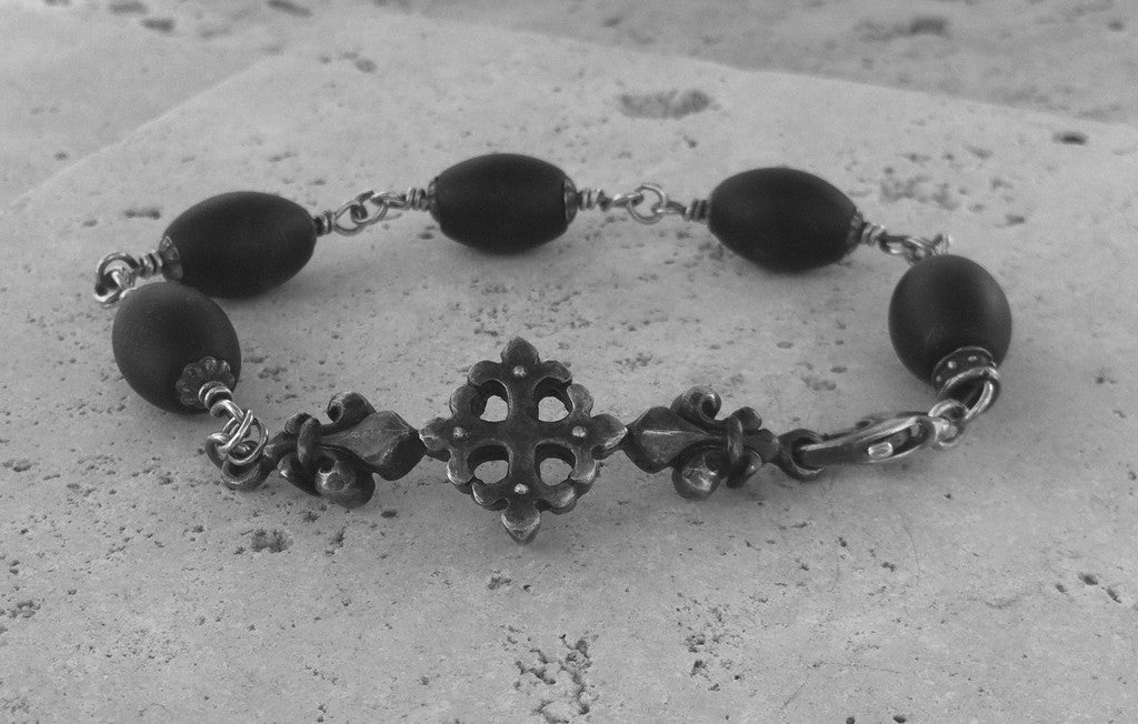 Sterling Sliver Cross Fleur De Lis Bracelet with Oval Onyx Beads - Roman Paul Jewelry Design
