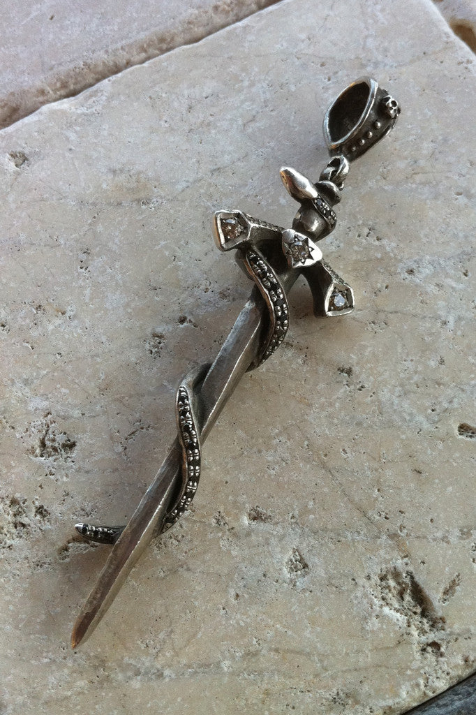 Sterling Silver Diamond Pave Sword With Serpent Skull Pendant - 