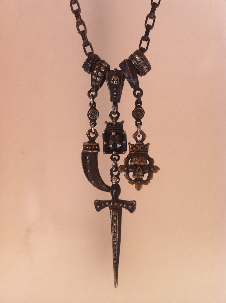 Necklace - Triple Charm Sword & Black Diamond - Roman Paul Jewelry Design