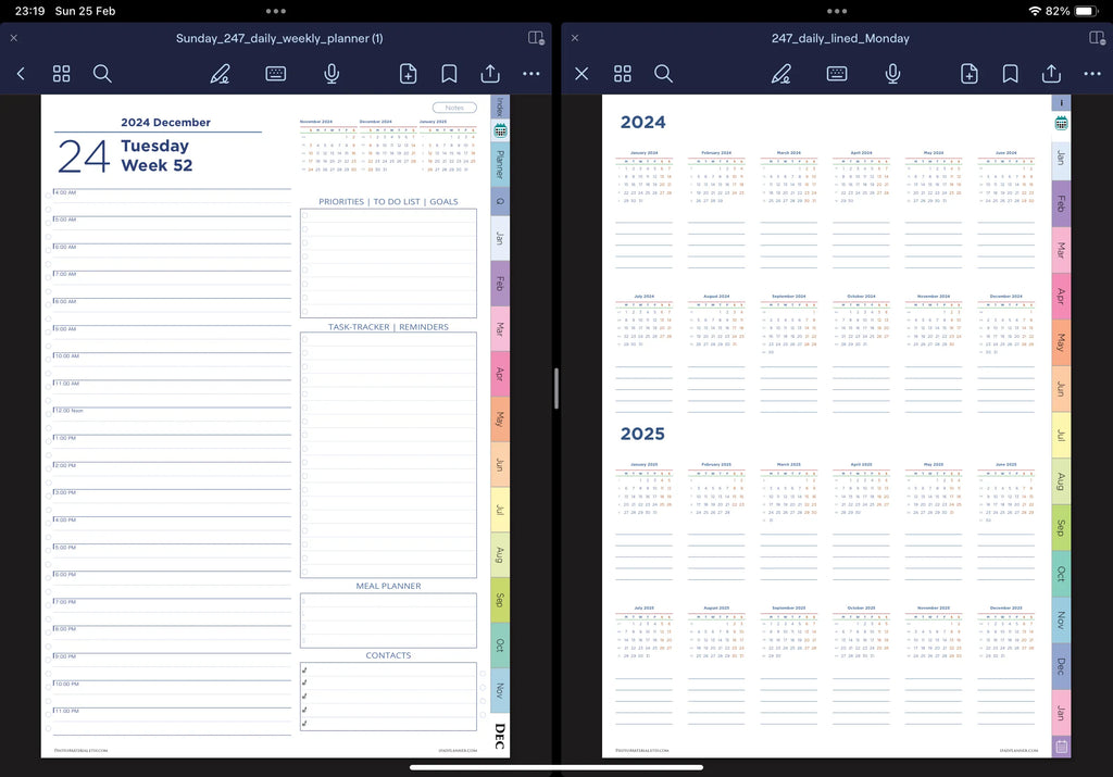 daily digital planner and 2024 2025 calendar planner in goodnotes in spit screen mode