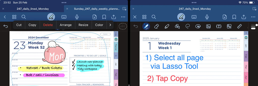 Old and Nw digital planners in goodnotes split view for drag and drop page content