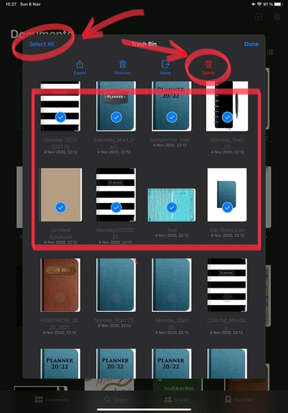 Selected files in GoodNotes 5 before deleting out from Trash Bin