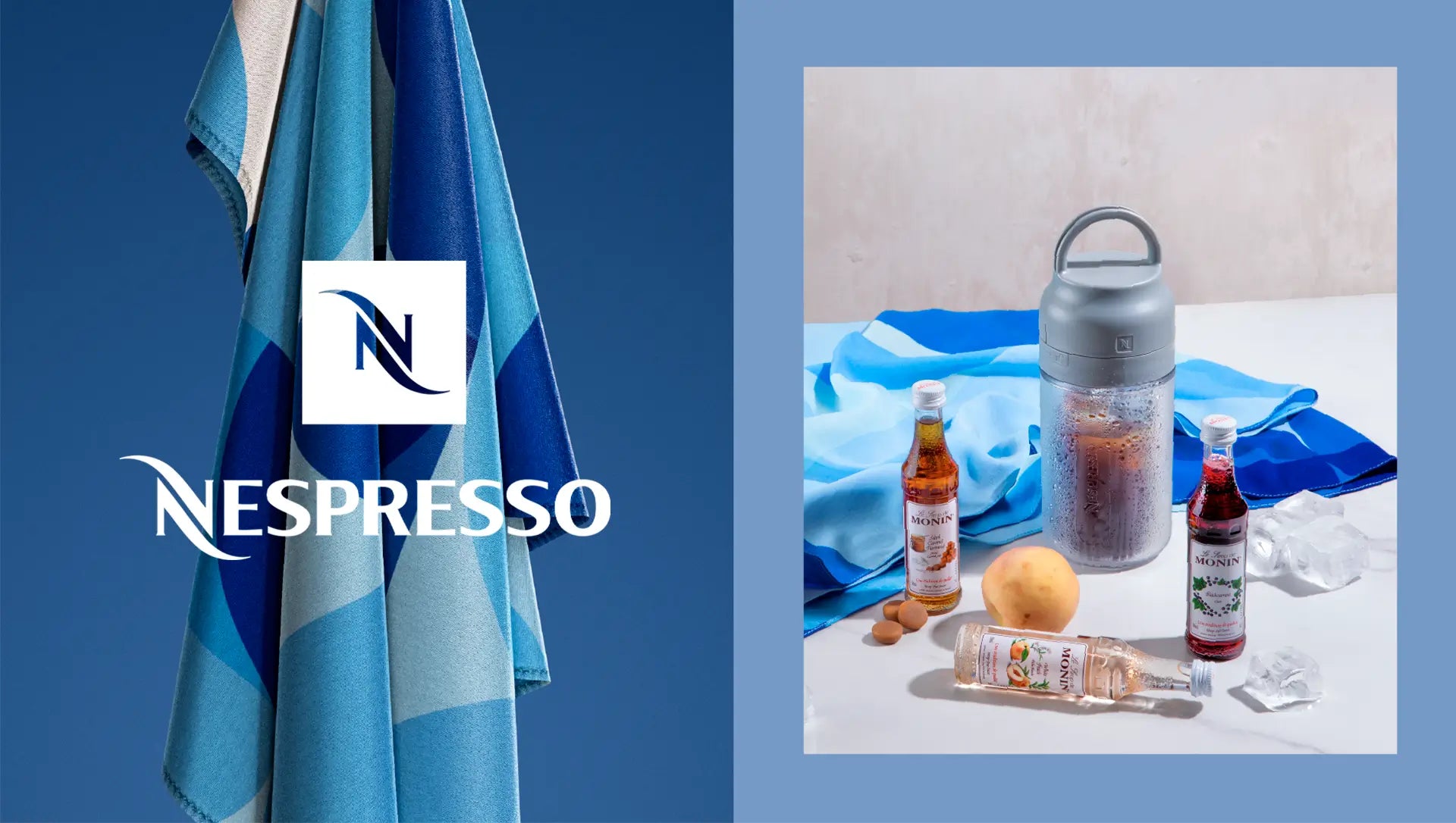 Canga personalizada Nespresso em tons de azul ao lado de garrafas Monin, gelo e um copo térmico com café gelado. Cena refrescante com clima de verão e sofisticação.