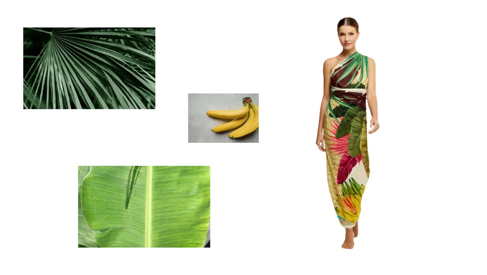 Modelo usando vestido estampado com folhas tropicais e bananas. Ao redor, imagens de folhas de palmeira e bananeira, além de um cacho de bananas, inspirando a estampa.