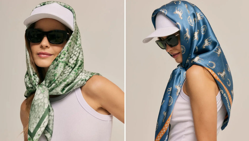 Two styles of scarves worn with caps: green scarf with animal texture print and blue satin scarf with horse and carriage print, creating an elegant and creative look.