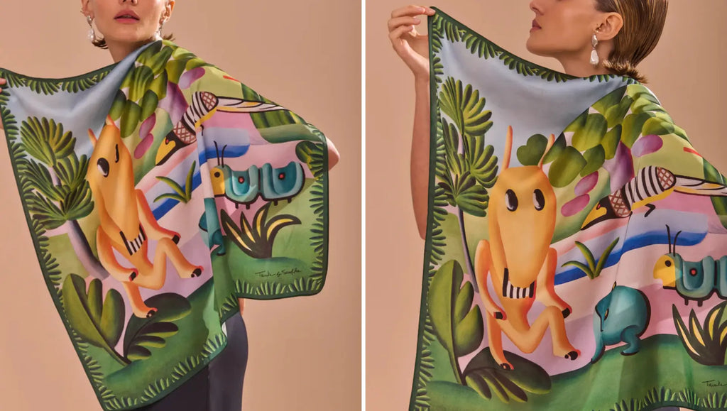 Side-by-side images of a model wearing a scarf inspired by Tarsila do Amaral's work "A Cuca." Exclusive Scarf Me piece.