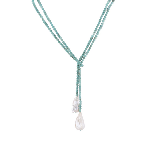 Turquoise and Freshwater Pearl Baroque Lariat Necklace