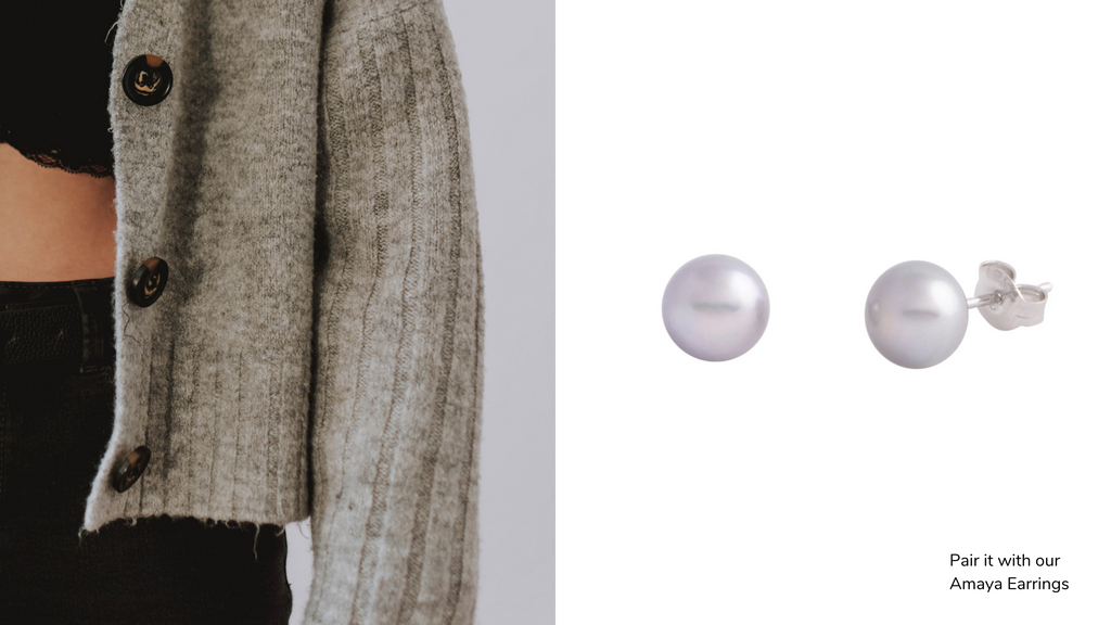 cardigan and pearl stud earrings