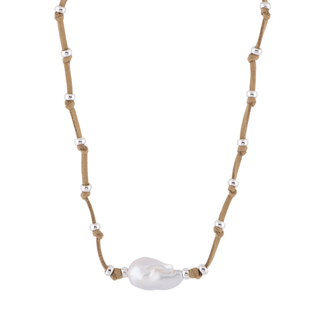 Karla - Hand-Knotted Suede and Freshwater Pearl Baroque Necklace