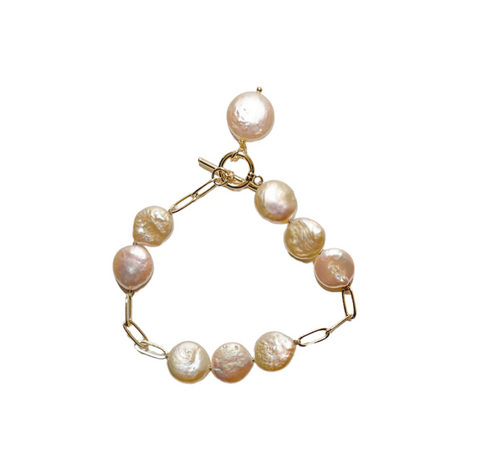 Morava - Gold-Tone Paperclip Freshwater Coin Pearl Bracelet