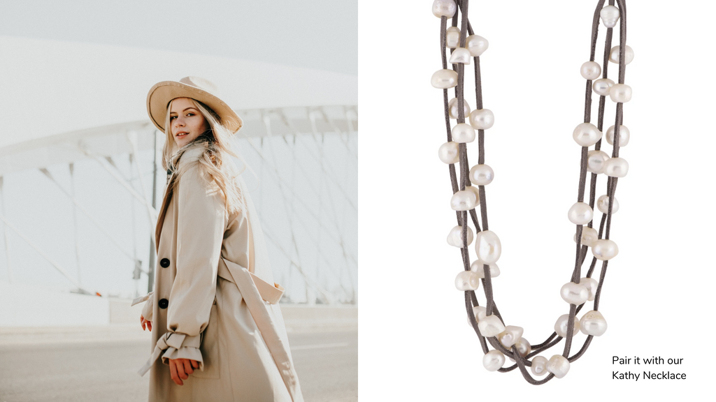 trench coat with pearl necklace