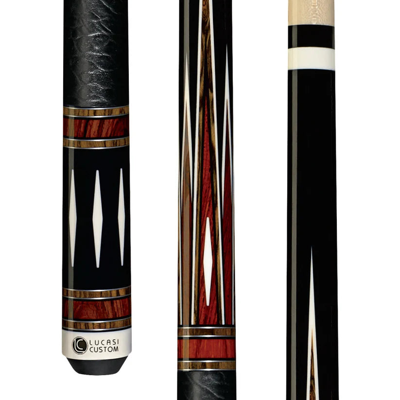 Lucasi Custom Midnight Black Pool Cue w/ Cocobolo and Bocote Inlays and Leather Wrap by Cue & Case