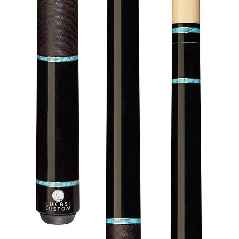 Lucasi LZD5 Custom Midnight Black Pool Cue with Turquoise and Black Linen Wrap by Cue & Case