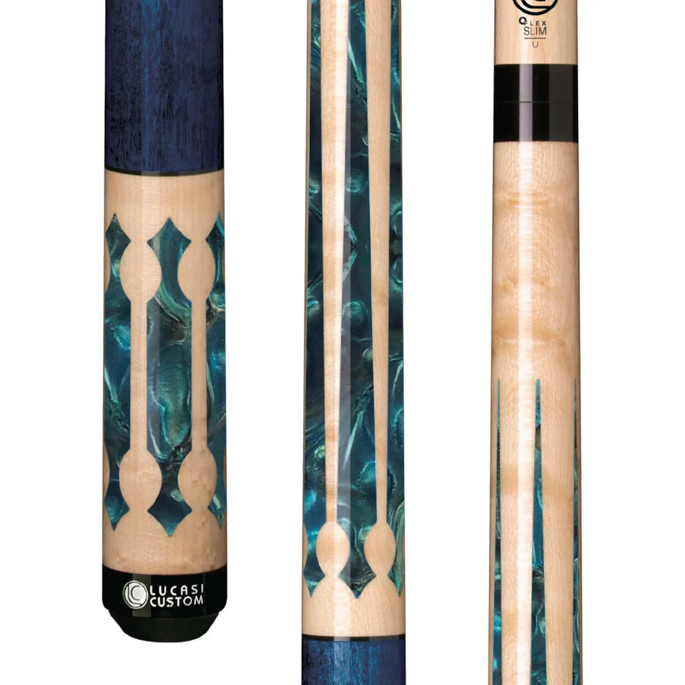Lucasi Custom Natural Birdseye Pool Cue w/ Teal Curly Maple Handle by Cue & Case
